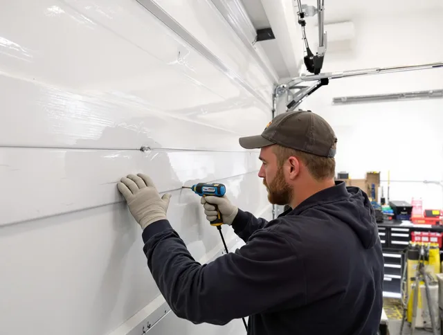 Hamden Garage Door Repair technician demonstrating precision dent removal techniques on a Hamden garage door