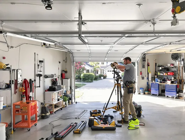 Hamden Garage Door Repair specialist performing laser-guided track alignment in Hamden